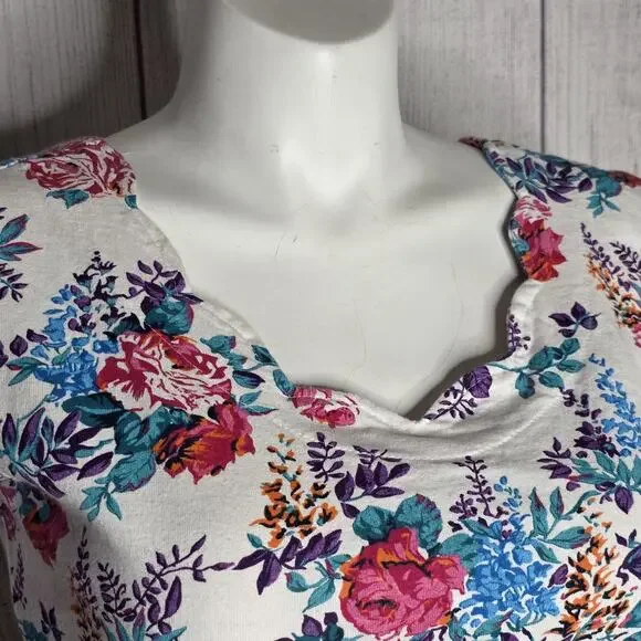 Vintage 90s Next Era Floral Cotton Top Scalloped Neckline, sz Large - Picture 2 of 6